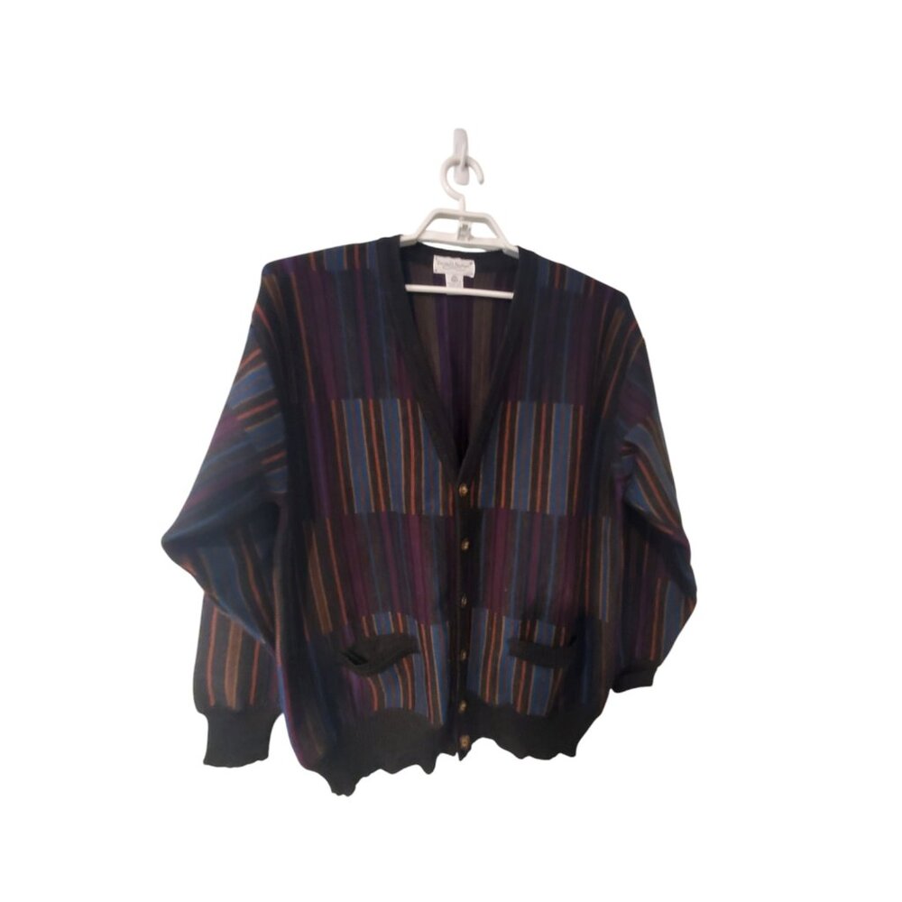 Tricots St Raphael cardigan sweater mens Large vintage pure merino wool multi